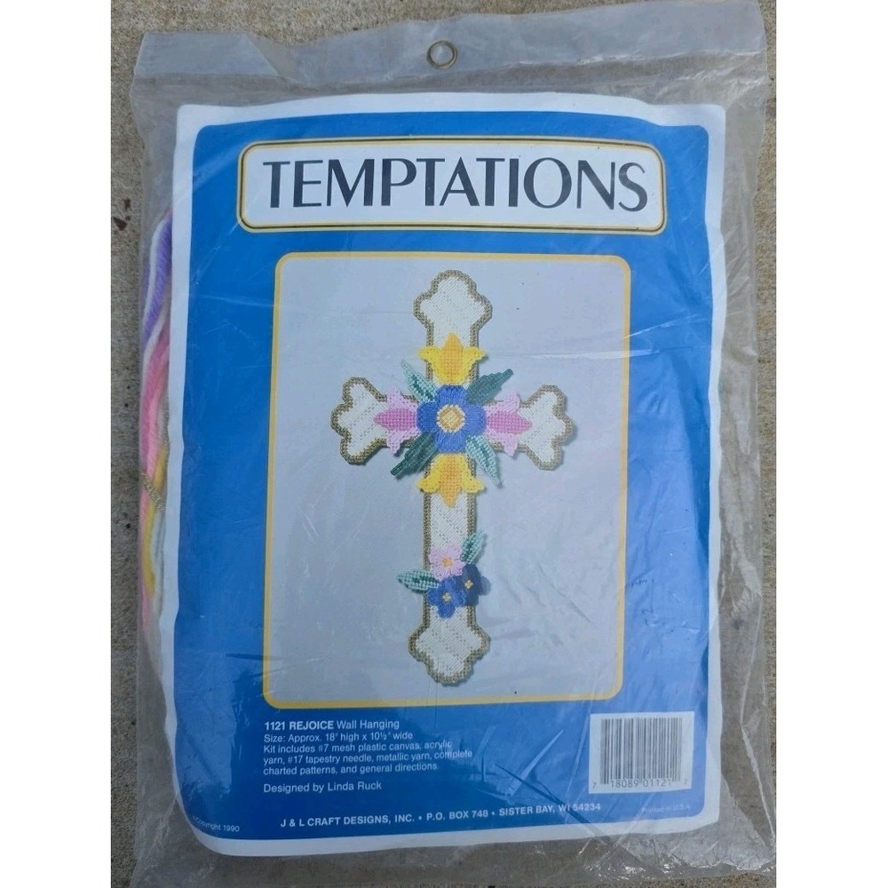 Temptations #1121 Rejoice Cross Wall Hanging Plastic‎ Mesh Canvas Kit Needlework